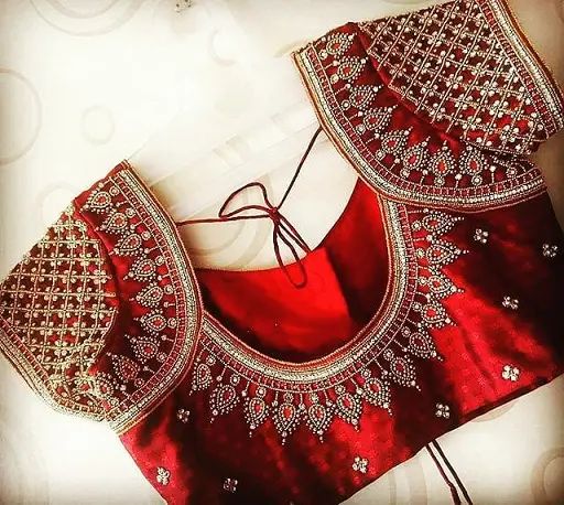 Simple Silk Saree Aari Work Blouse Design Images